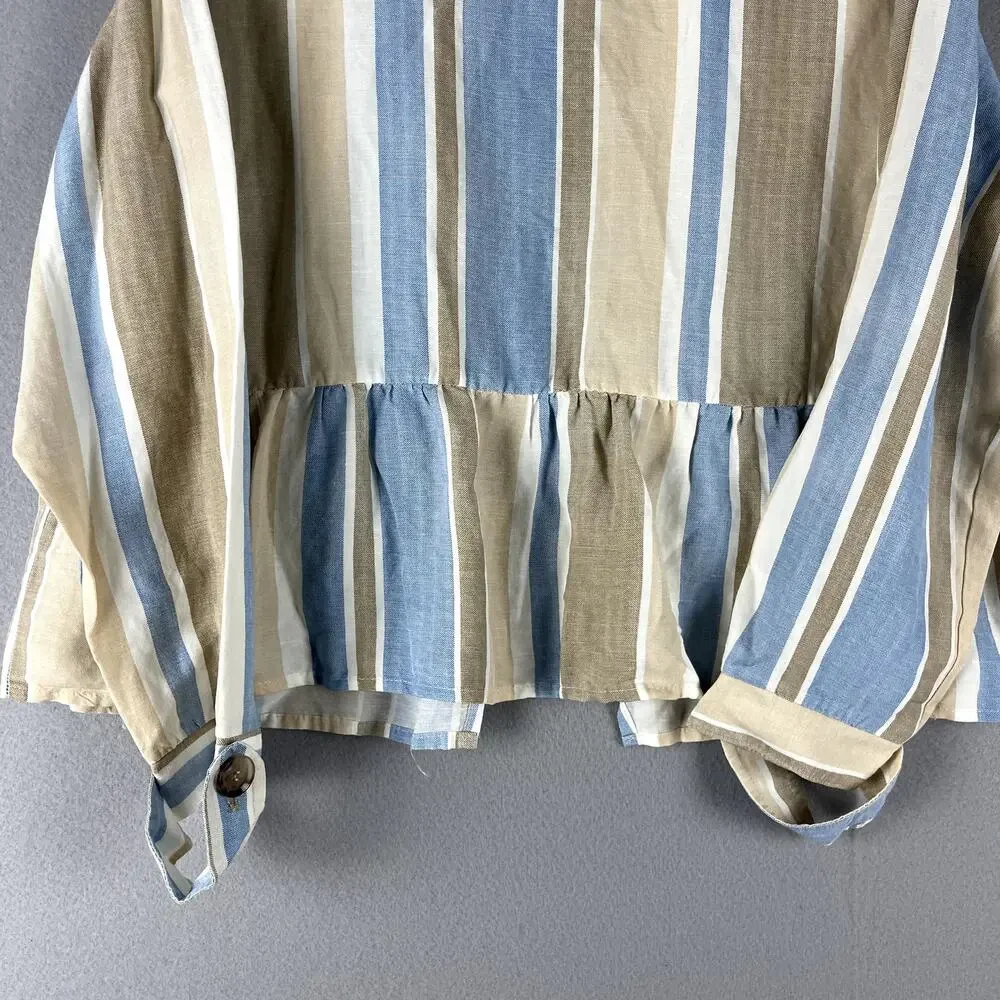 Zara Jacket Womens Large Striped Blue Linen BlendOpen Front Peplum Coastal NWT - Picture 13 of 16